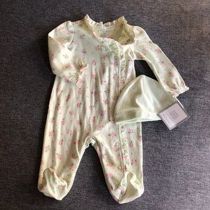 FIRST IMPRESSIONS Long sleeve footed romper light green & pink - Size 0-3 mo NWT